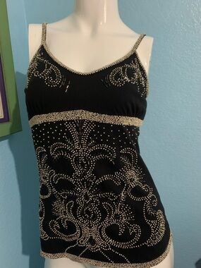Vintage Y2K Twisted Heart Black Fully Beaded Spaghetti Strap Top Size Small